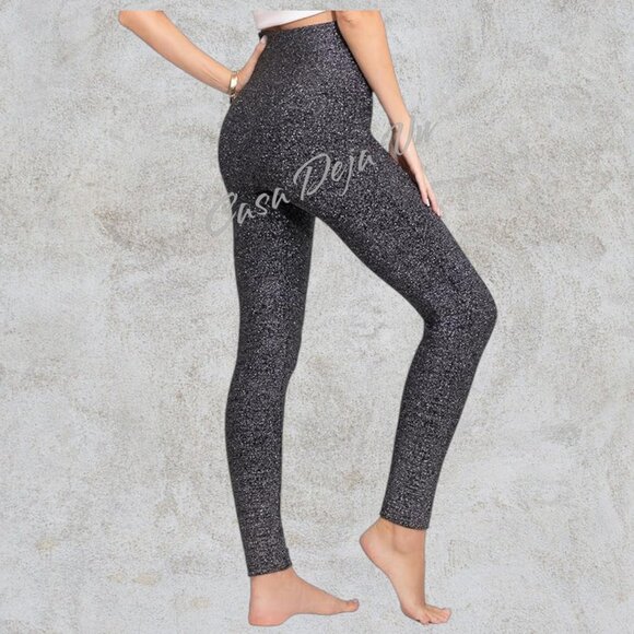 Max Collection Fleece Lined Sparkle Silver Festive Party Yoga Leggings Pants - Picture 1 of 7